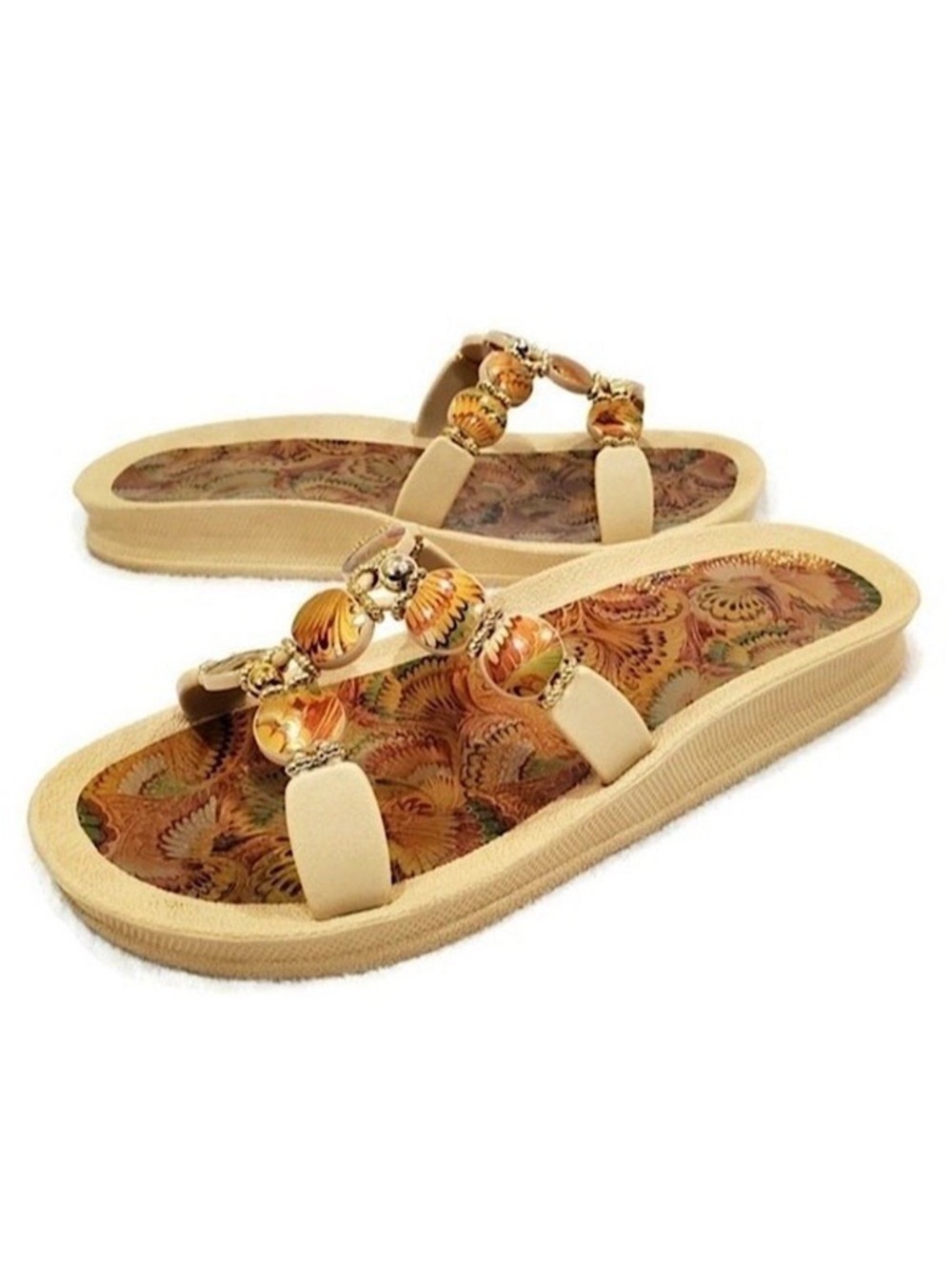 Floral Slip-On Embellished Comfort Sandals Size 10